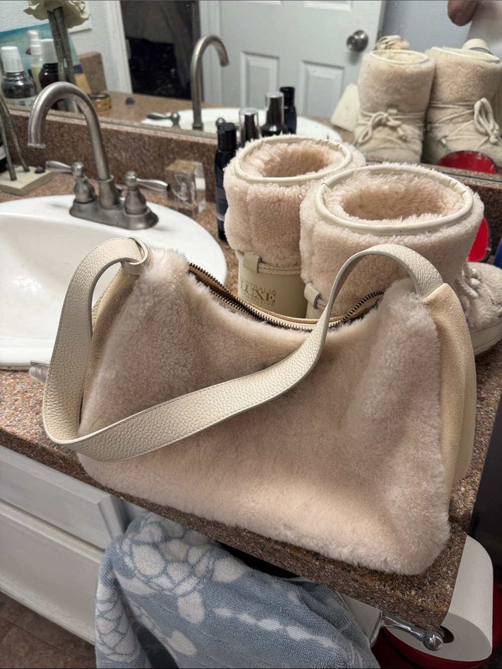 Australia Luxe Collective Cream Faux Shearling Shoulder Bag with Pebbled Strap